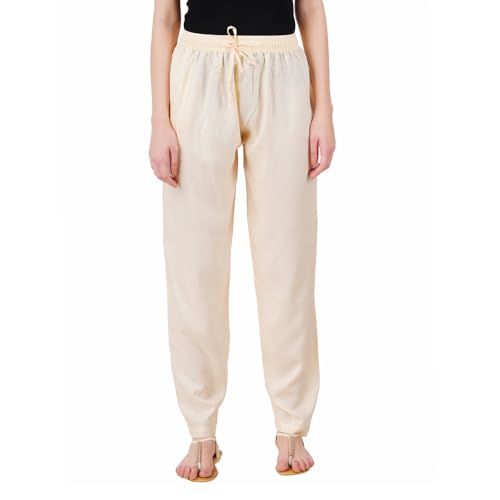 Happy Bunny Rayon Straight Pants for Women, Stylish Solid Regular Fit Kurti Bottom Wear with Elastic Waist, Adjustable Drawstring & Side Pocket, Casual, Office (2XL, Butter Cream) - Image 1