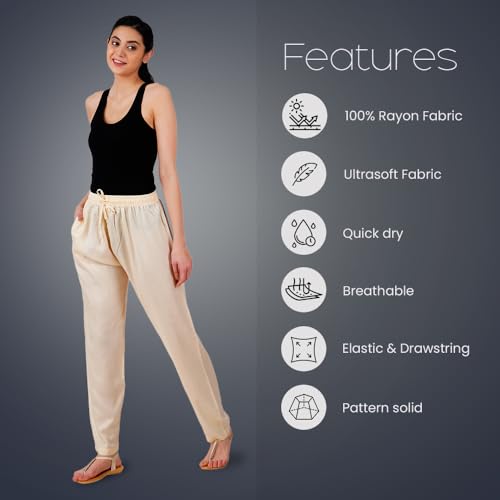 Happy Bunny Rayon Straight Pants for Women, Stylish Solid Regular Fit Kurti Bottom Wear with Elastic Waist, Adjustable Drawstring & Side Pocket, Casual, Office (2XL, Butter Cream) - Image 2