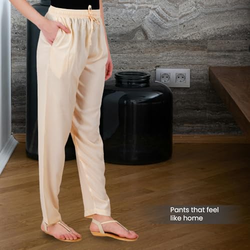 Happy Bunny Rayon Straight Pants for Women, Stylish Solid Regular Fit Kurti Bottom Wear with Elastic Waist, Adjustable Drawstring & Side Pocket, Casual, Office (2XL, Butter Cream) - Image 3