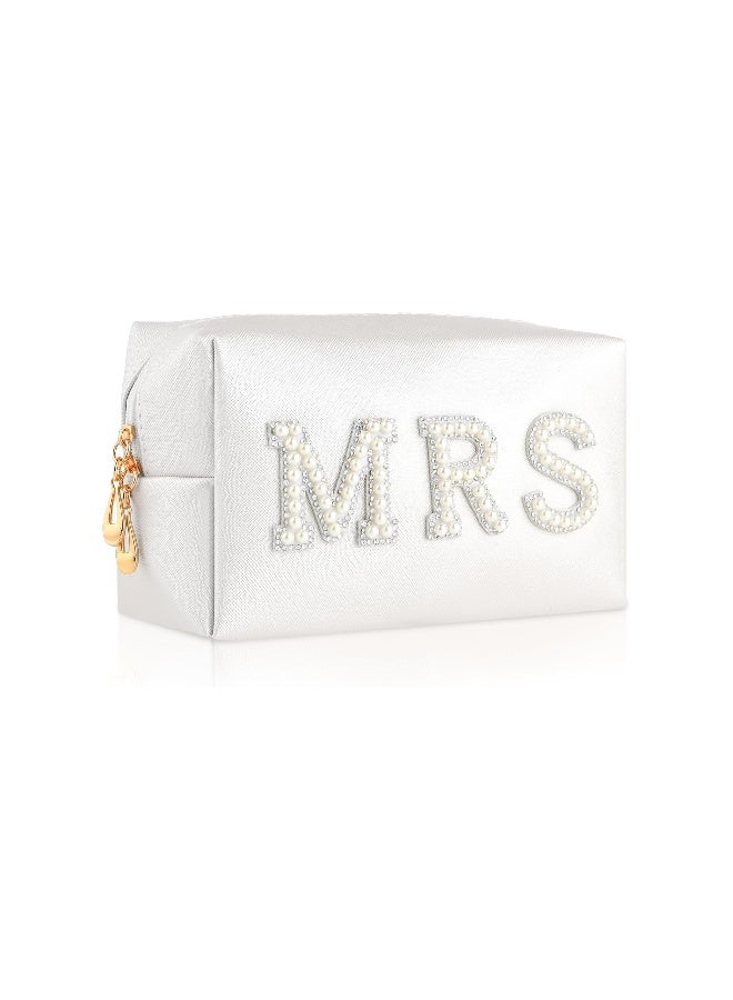 Bride Patch MRS Letter Makeup Bag, Varsity Letter Cosmetic Toiletry Bag White Pearl Rhinestone Travel Make-Up Bag Waterproof PU Clutch Purse Portable Zipper Organizer for Engagement Gifts - Image 1