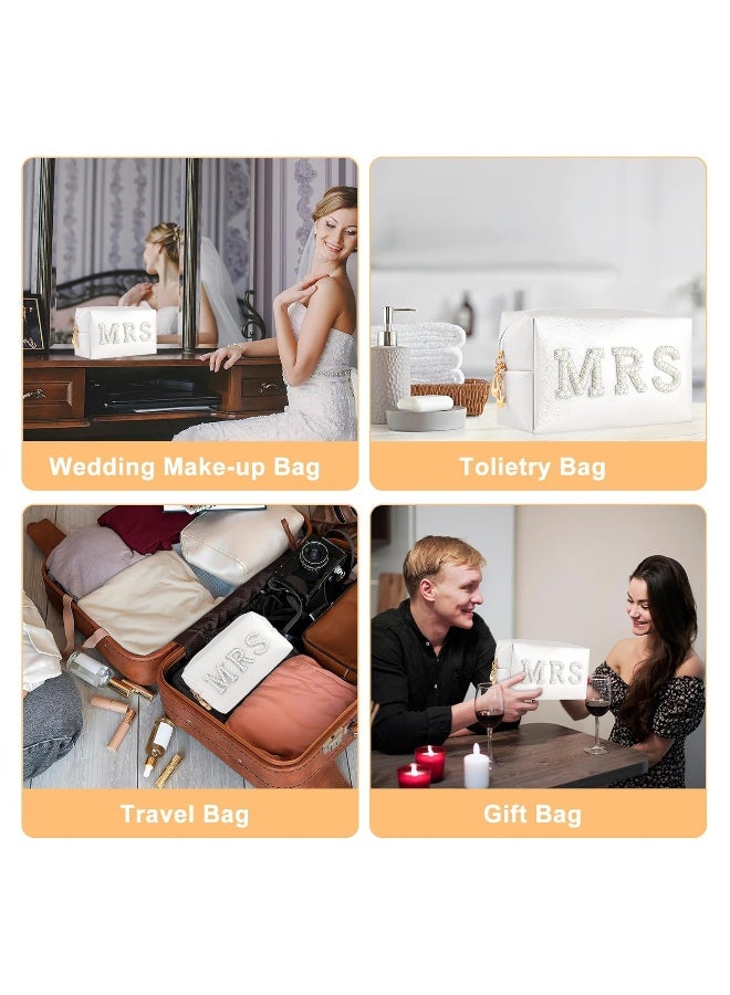 Bride Patch MRS Letter Makeup Bag, Varsity Letter Cosmetic Toiletry Bag White Pearl Rhinestone Travel Make-Up Bag Waterproof PU Clutch Purse Portable Zipper Organizer for Engagement Gifts - Image 5