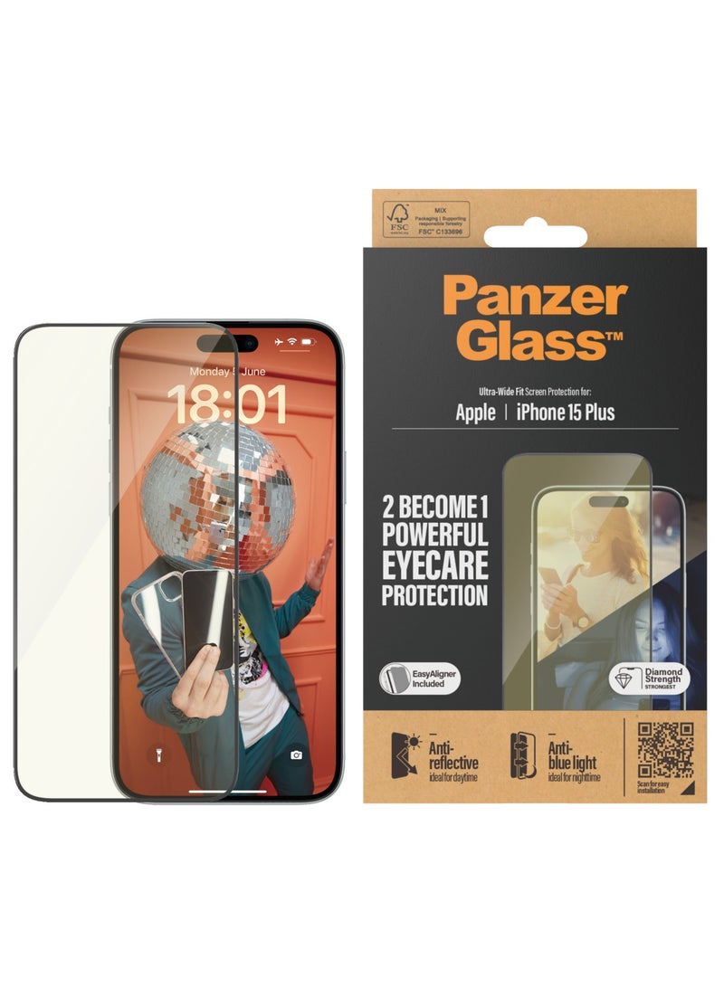 PanzerGlass™ واقي شاشة متطور مضاد للانعكاس ومضاد للضوء الأزرق لهاتف Apple iPhone 15 Plus، يحمي عينيك، ويحمي هاتفك - واقي شاشة كامل صديق للشاشة مع مساعدة التركيب - Image 1