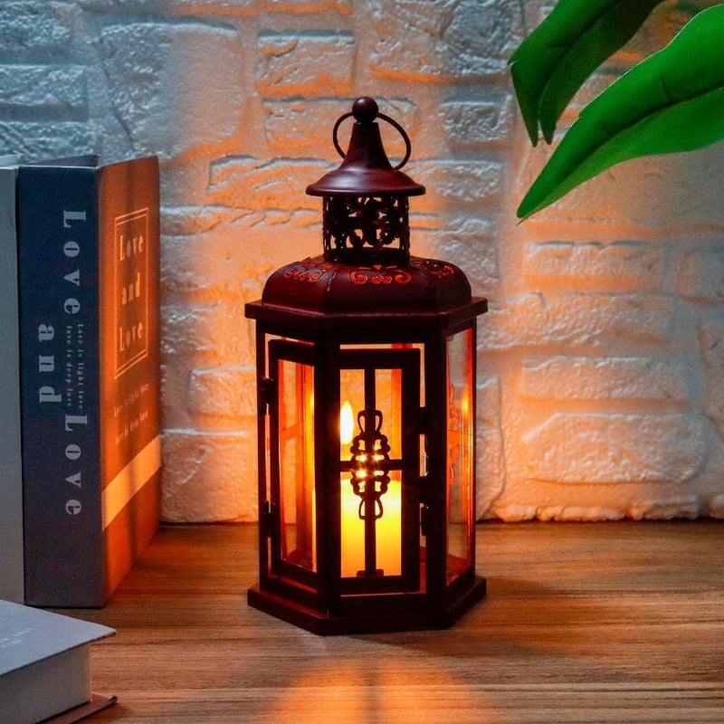 JHY DESIGN مصباح شموع تزييني من تصميم JHY، ارتفاعه 10 بوصات، بستيل عتيق، مع حامل شموع معدني، مناسب للأحداث الداخلية والخارجية، المناسبات الرسمية، وحفلات الزفاف (لون أحمر مع طلاء أسود بفرشاة). - Image 5