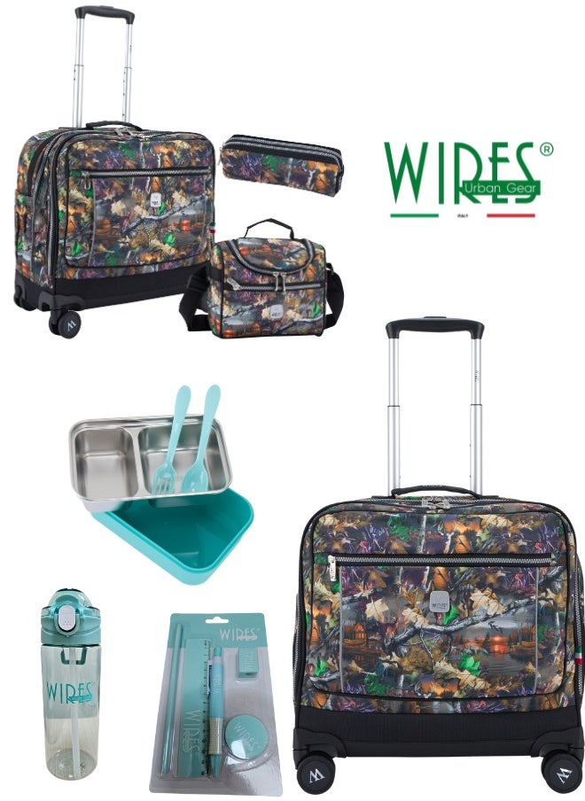 Wires - 3 Piece Kids School Trolley Bag laptop compartment 8 Wheels With Lunch bag & Pencil Case - Image 1
