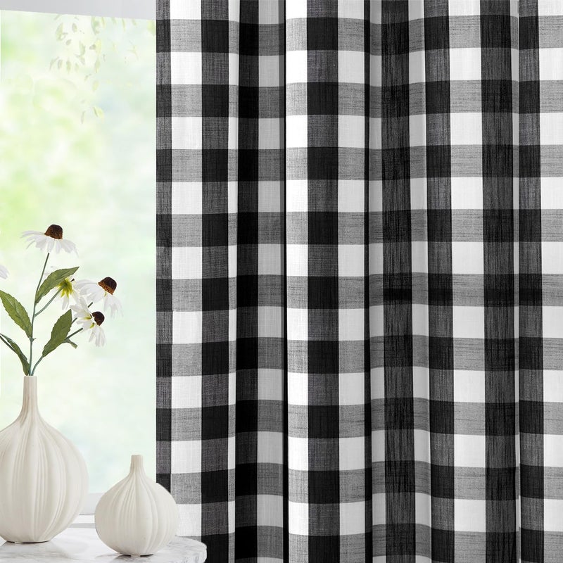 Jubilantex Black White Buffalo Check Semi Sheer Curtain Panels Gingham Plaid Textured Curtains Drapery,Farmhouse Grommet Window Drapes for Living Room Bedroom Kids Room,2 Panels,40"x54" - Image 3
