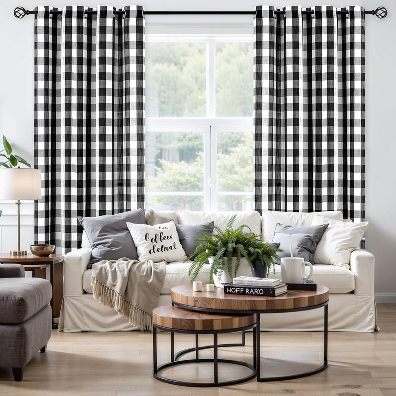 Jubilantex Black White Buffalo Check Semi Sheer Curtain Panels Gingham Plaid Textured Curtains Drapery,Farmhouse Grommet Window Drapes for Living Room Bedroom Kids Room,2 Panels,40"x54" - Image 5