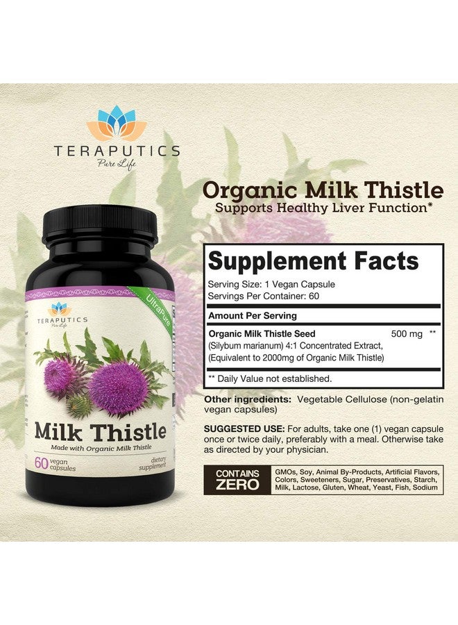 Teraputics Organic Milk Thistle ; Non Gmo 2000Mg 4X Concentrated Vegan Daily Supplement W/ Silymarin Seed Extract For Liver Support Detox And Cleanse 60 Veggie Capsules - Image 3