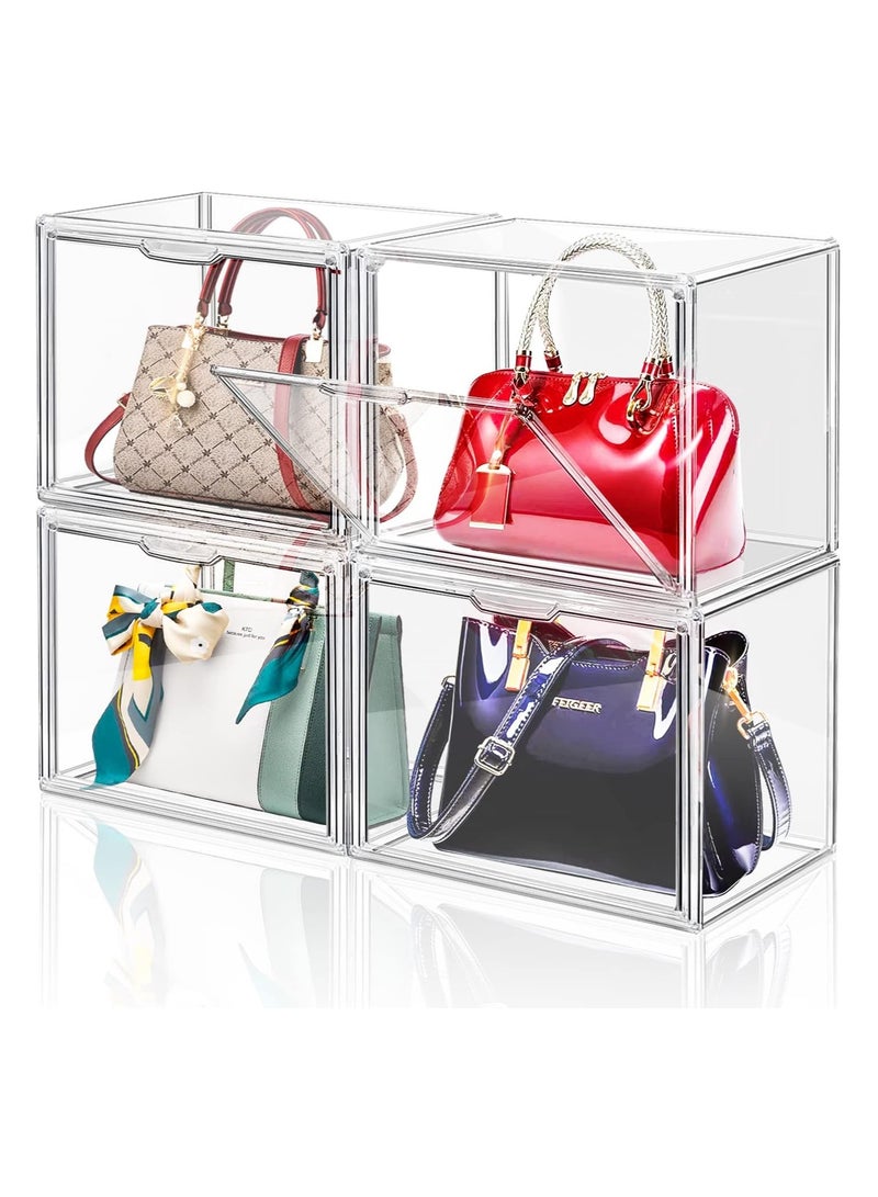 Hihonor 4 Packs Clear Plastic Handbag Storage Organizer for Closet, Acrylic Display Box for Handbag, Stackable Storage Boxes Bag Organizer with Magnetic Door for Purse Clutch Wallet Book Toys - Image 1