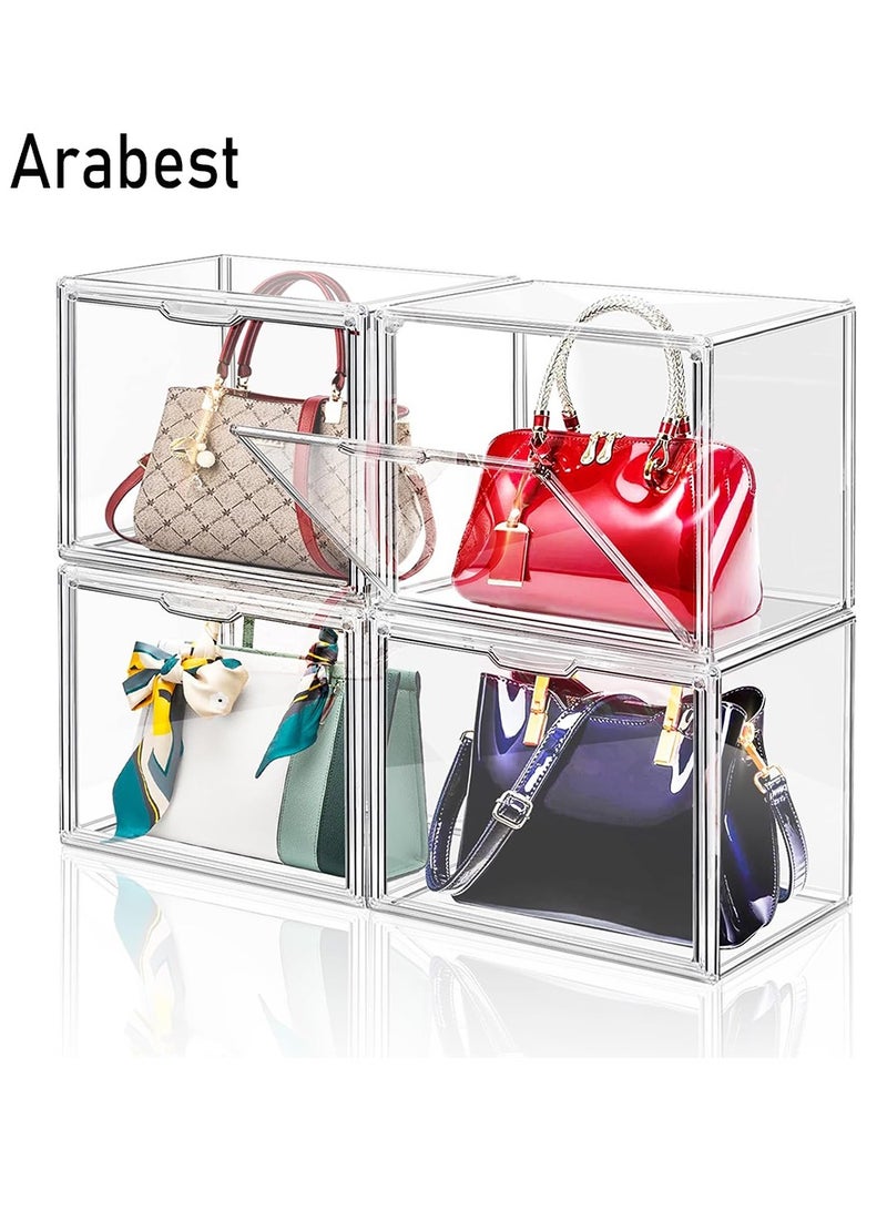 Arabest 4 Packs Clear Plastic Handbag Storage Organizer for Closet, Acrylic Display Box for Handbag, Stackable Storage Boxes Bag Organizer with Magnetic Door for Purse Clutch Wallet Book Toys - Image 1