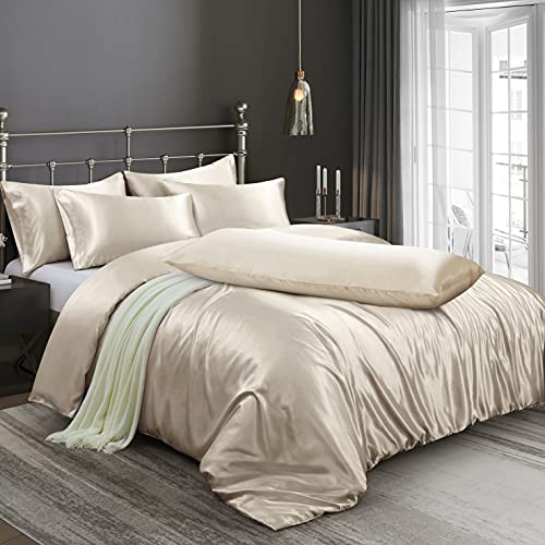 Ersmak 6 Pieces Satin Duvet Cover California King Luxury Silky Bedding Duvet Cover Set with 1 Soft Duvet Cover, 4 King Pillowcases and 1 Body Pillowcase, Beige - Image 1