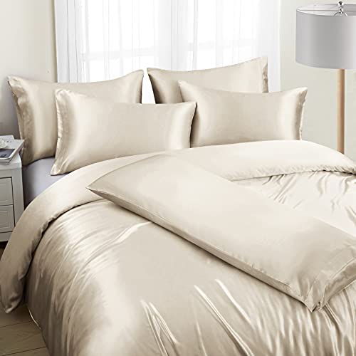 Ersmak 6 Pieces Satin Duvet Cover California King Luxury Silky Bedding Duvet Cover Set with 1 Soft Duvet Cover, 4 King Pillowcases and 1 Body Pillowcase, Beige - Image 3