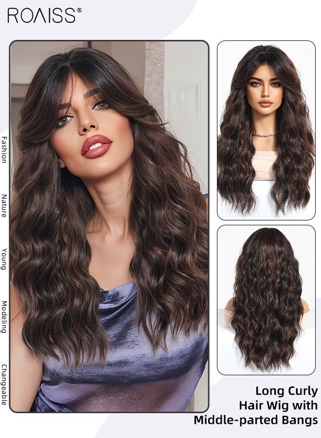 رويس باروكة طويلة مجعدة مع غرة منقسمة من المنتصف للنساء، باروكة شعر صناعي ناعم ومقاوم للحرارة للاستخدام اليومي في حفلات الزفاف والتقمص، أسود مع لمسات بنية، 61 سم (24 بوصة) - Image 1