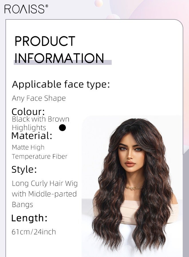 رويس باروكة طويلة مجعدة مع غرة منقسمة من المنتصف للنساء، باروكة شعر صناعي ناعم ومقاوم للحرارة للاستخدام اليومي في حفلات الزفاف والتقمص، أسود مع لمسات بنية، 61 سم (24 بوصة) - Image 2