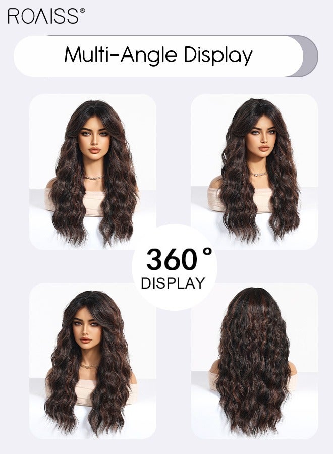 رويس باروكة طويلة مجعدة مع غرة منقسمة من المنتصف للنساء، باروكة شعر صناعي ناعم ومقاوم للحرارة للاستخدام اليومي في حفلات الزفاف والتقمص، أسود مع لمسات بنية، 61 سم (24 بوصة) - Image 3