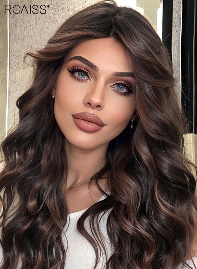 رويس باروكة طويلة مجعدة مع غرة منقسمة من المنتصف للنساء، باروكة شعر صناعي ناعم ومقاوم للحرارة للاستخدام اليومي في حفلات الزفاف والتقمص، أسود مع لمسات بنية، 61 سم (24 بوصة) - Image 4