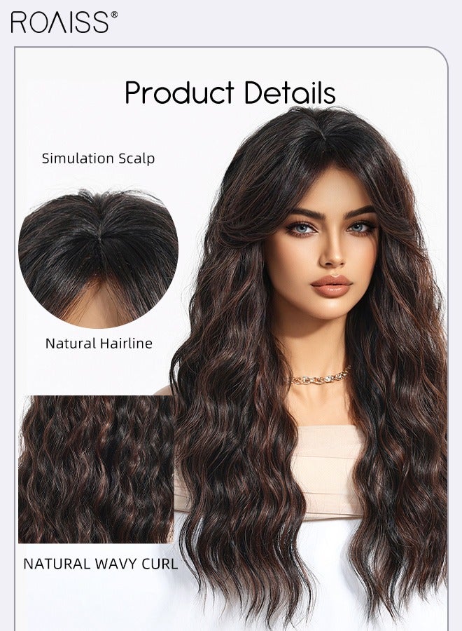 رويس باروكة طويلة مجعدة مع غرة منقسمة من المنتصف للنساء، باروكة شعر صناعي ناعم ومقاوم للحرارة للاستخدام اليومي في حفلات الزفاف والتقمص، أسود مع لمسات بنية، 61 سم (24 بوصة) - Image 5