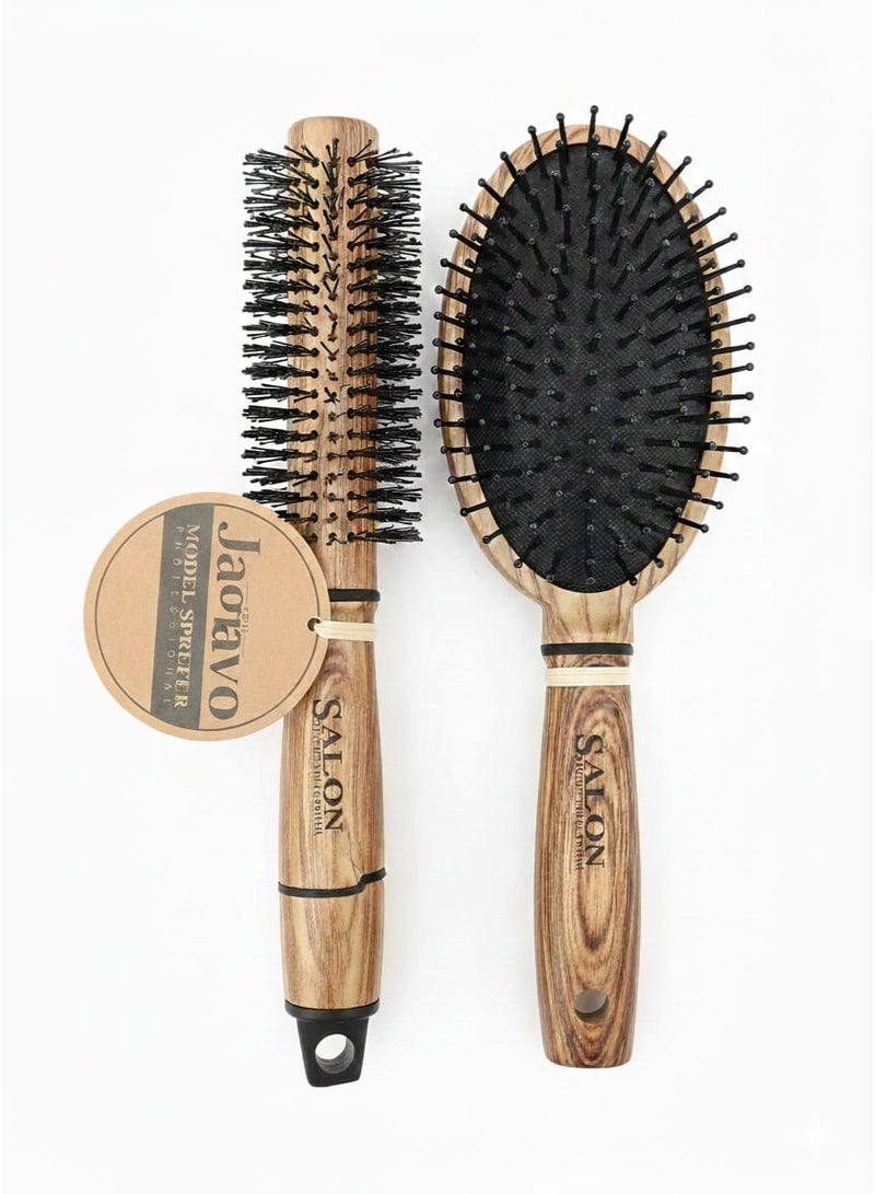 Jagravo 2 Pcs Wooden Hair Brush Set – Round & Paddle Styling Comb
