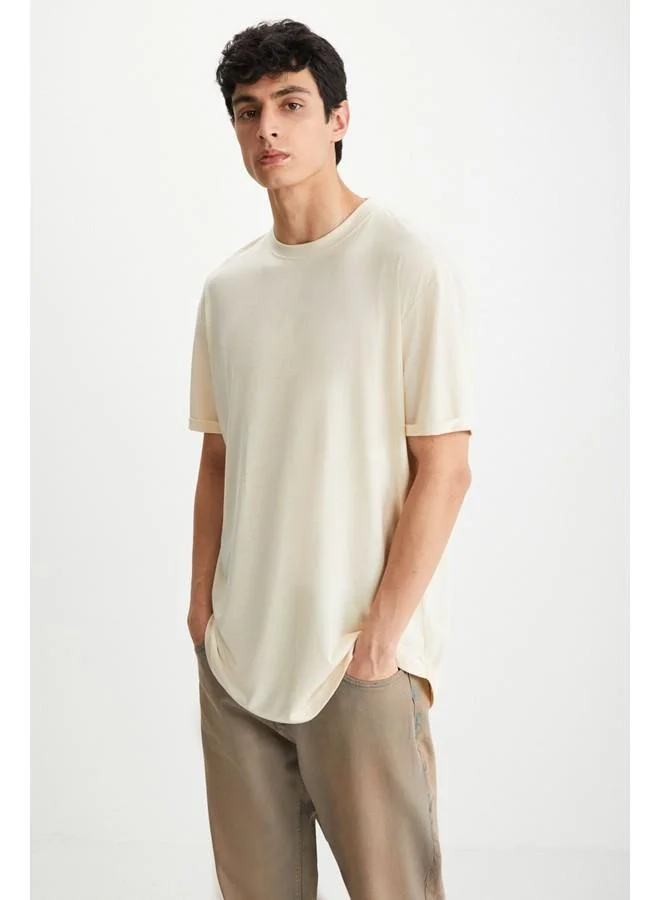 GRIMELANGE Oscar Men's 100% Organic Cotton Comfort Fit Long Draped Fabric Vanilla T-Shirt