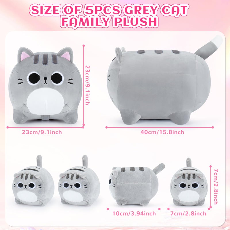 Auspicious beginning 5 PCS Grey Cat Plush Stuffed Animal Family-15.8" Large Grey Cat Plush, Cat Mommy Cat with 4 Baby Kittens Cat Plushies for Kids, Kawaii Cat Plush Toy Christmas Birthday Gifts for Kids Boys Girls - Image 3