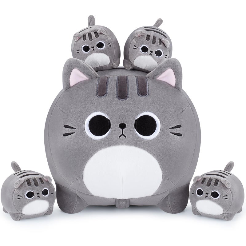 Auspicious beginning 5 PCS Grey Cat Plush Stuffed Animal Family-15.8" Large Grey Cat Plush, Cat Mommy Cat with 4 Baby Kittens Cat Plushies for Kids, Kawaii Cat Plush Toy Christmas Birthday Gifts for Kids Boys Girls - Image 1