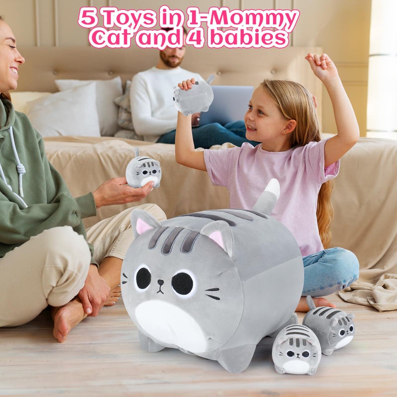 Auspicious beginning 5 PCS Grey Cat Plush Stuffed Animal Family-15.8" Large Grey Cat Plush, Cat Mommy Cat with 4 Baby Kittens Cat Plushies for Kids, Kawaii Cat Plush Toy Christmas Birthday Gifts for Kids Boys Girls - Image 4