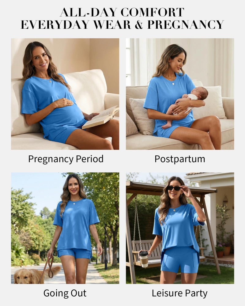 Charmo Womens 2 Piece Outfits Summer Short Sets Crew Neck Beach Matching Maternity Lounge Set 2026 Blue L - Image 5