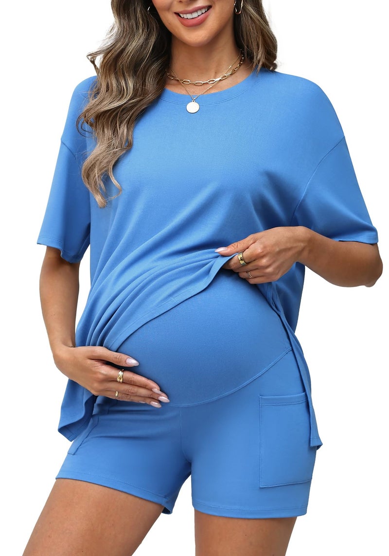 Charmo Womens 2 Piece Outfits Summer Short Sets Crew Neck Beach Matching Maternity Lounge Set 2026 Blue L - Image 1