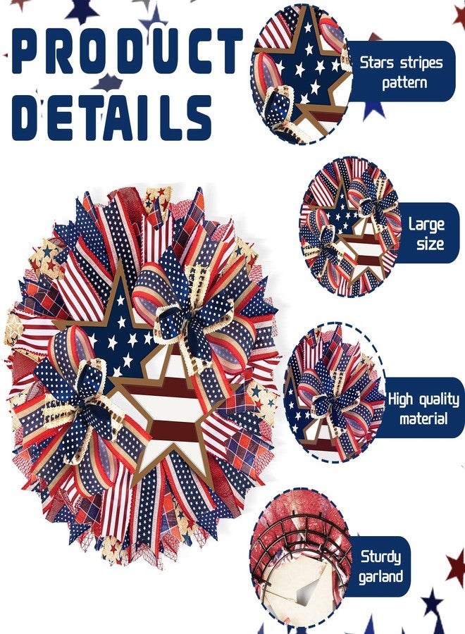 Demonwer 17.7 Inch Patriotic Wreaths for Front Door 4th of July Fourth Garland Memorial Day Wreaths American Flag Independence Day Garland for Indoor Outdoor Door Wall Holiday Decor Home - Image 3