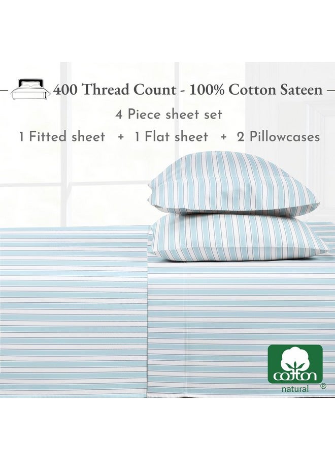 California Design Den - California Design Den Striped Bed Sheets Queen Size - 100% Cotton Sheets Set, Luxury 400 Thread Count Sateen, Deep Pocket Queen Sheets Printed Pattern (Cape Stripe) - Image 1