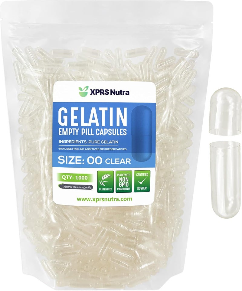 XPRS Nutra Size 00 Empty Capsules - 1000 Count Empty Gelatin Capsules - Empty Pill Capsules - DIY Capsule Filling - Fillable Pill Capsules Empty Gel Caps (Clear)