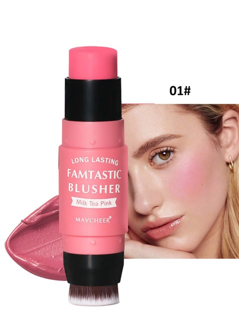 Famtastic Blusher, 2 in 1 Long lasting Blush Stick, Fine Flash Cream Blusher with Brush, Waterproof Blush Makeup for Cheeks and Lip Tint Eyeshadow