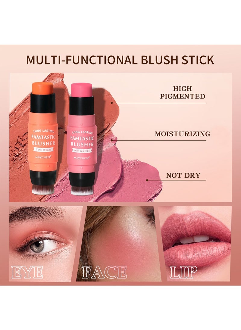 MAYCHEER - Blush Stick 2 in 1 Vitality, Fine Flash Cream Blusher with Brush, Waterproof Blush Makeup for Cheeks and Lip Tint Eyeshadow - Image 1