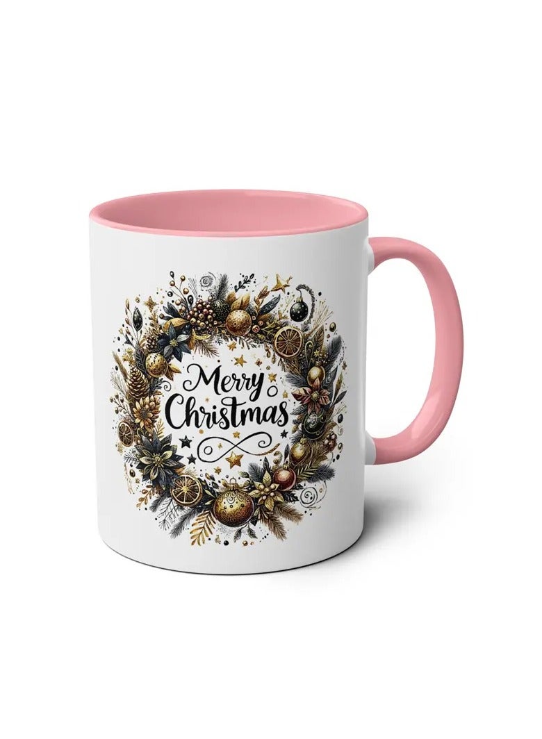 RYN 1pc 11OZ Ceramic Merry Christmas Coffee Mug - Double-Sided Printed Holiday Cup, Festive Gift for Men & Women, Ideal for Office, Dorm, School - Seasonal Tea & Coffee Mug Pink - Image 1
