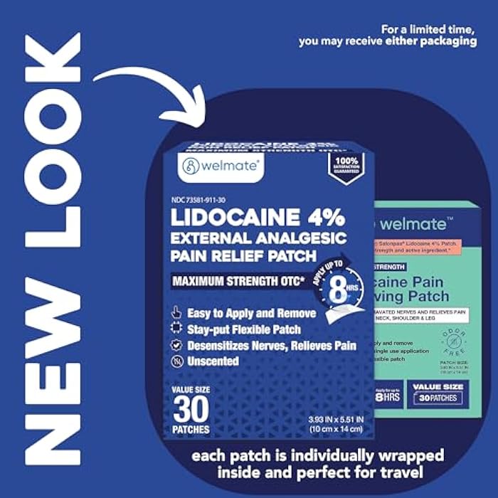 WELMATE 4% Lidocaine Pain Relief Patch Maximum Strength, 30 Count | Fast-Acting 8-Hour Topical Analgesic for Back, Neck, Shoulder, Knee, Nerve Pain, Unscented Numbing Gel Patches for Adults - Image 2