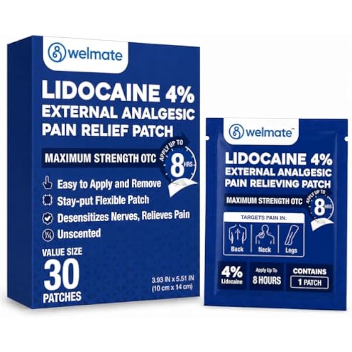 WELMATE 4% Lidocaine Pain Relief Patch Maximum Strength, 30 Count | Fast-Acting 8-Hour Topical Analgesic for Back, Neck, Shoulder, Knee, Nerve Pain, Unscented Numbing Gel Patches for Adults - Image 1