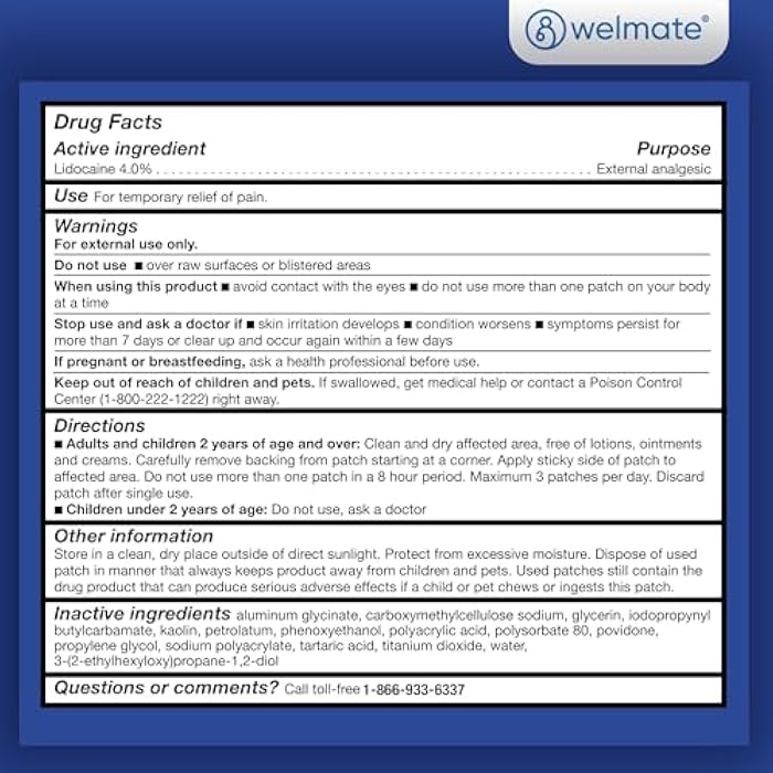 WELMATE 4% Lidocaine Pain Relief Patch Maximum Strength, 30 Count | Fast-Acting 8-Hour Topical Analgesic for Back, Neck, Shoulder, Knee, Nerve Pain, Unscented Numbing Gel Patches for Adults - Image 5