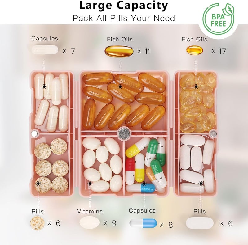 Prplet Tablets Pill Medicine Organizer Box – 7 Compartment Daily Storage Case for Vitamins, Supplements, Medication – Compact Travel Pill Container (Pink) - Image 2