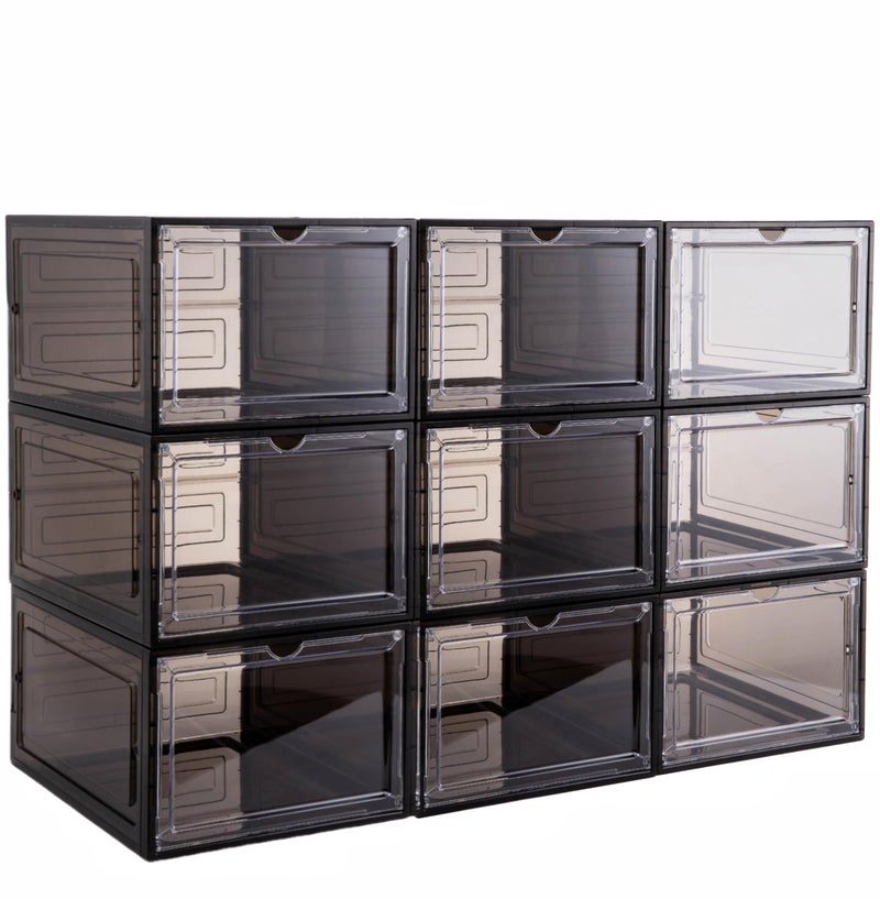 Attelite X-Large Clear Plastic Shoe Boxes - Stackable Shoe Organizer with Magnetic Door, Drop Front Display Box (9 Pack, Clear Black) - Image 1