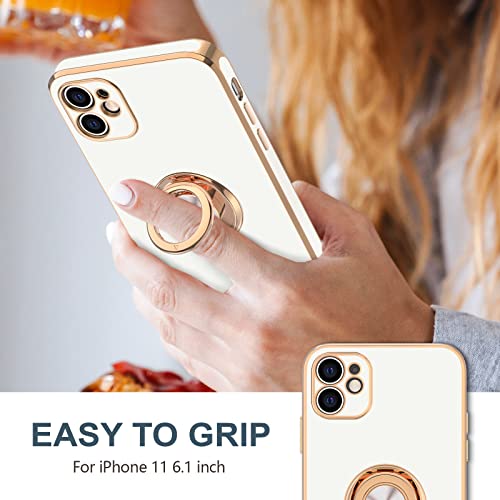 Hython for iPhone 11 Case with Ring Stand [360°Rotatable Ring Holder Magnetic Kickstand] [Shiny Plated Rose Gold Edge] Slim Soft TPU Cover Luxury Protective Phone Case for Women Men, White - Image 2