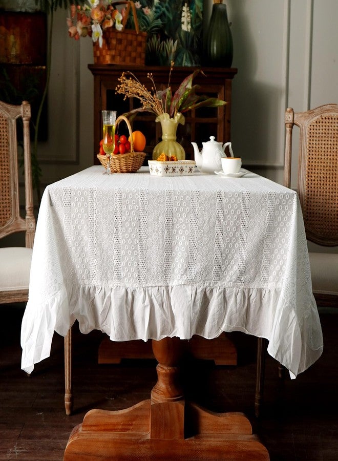 Artbloss White Cotton Tablecloth Ruffled Lace Embroidered Fabric Tablecloths RusticFrench Washable Table Cover for Indoor Outdoor Home Holiday Party Christmas (White, 60 x 104 Inches) - Image 3