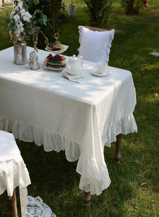 Artbloss White Cotton Tablecloth Ruffled Lace Embroidered Fabric Tablecloths RusticFrench Washable Table Cover for Indoor Outdoor Home Holiday Party Christmas (White, 60 x 104 Inches) - Image 2