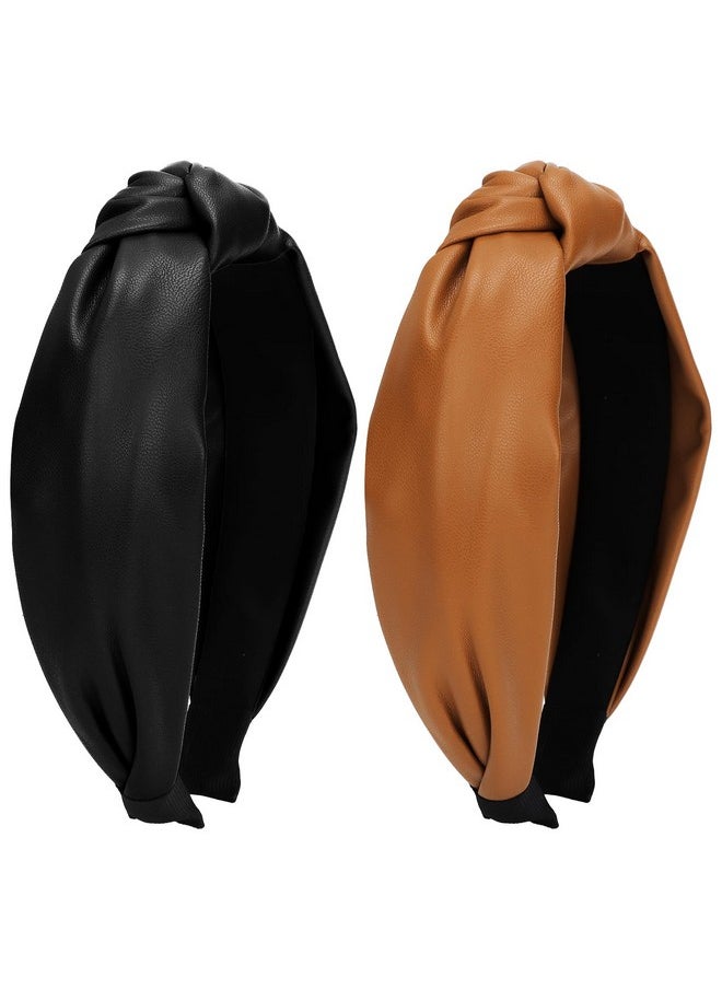 Wecoe - 2 Pack Knotted Headbands Women Pu Leather Headbands Black Brown Wide Headbands Hair Bands For Women'S Hair Non Slip Fashion Hair Accessories For Women Girls Diademas Coreanas Para Mujer Gifts - Image 1