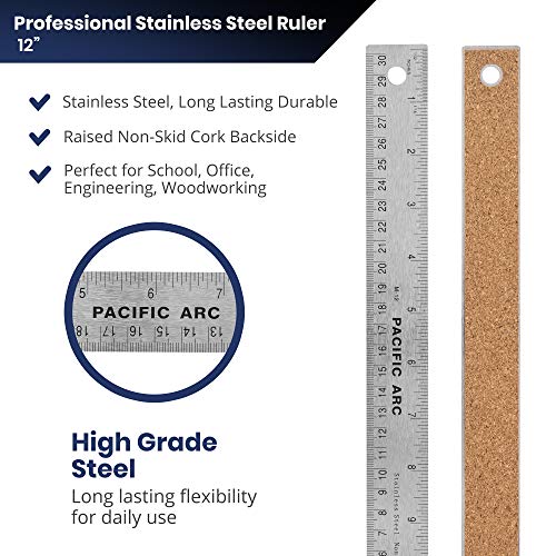 Pacific Arc Stainless Steel 12 Inch Metal Ruler Non-Slip Cork Back, with Inch and Metric Graduations - Image 2