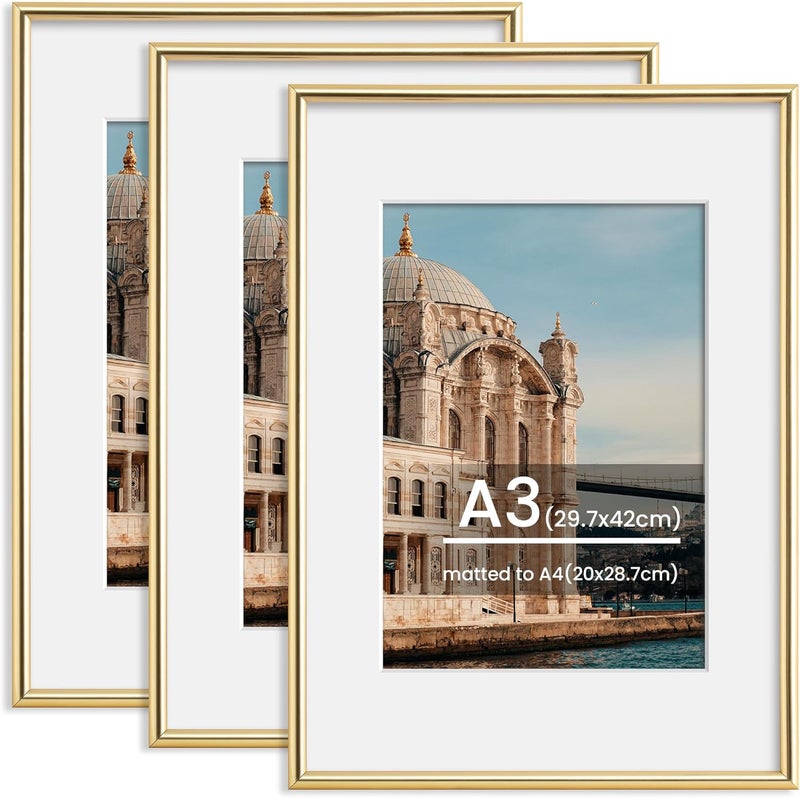 FLYJOE A3 Picture Frame, Display Pictures 8x11.3 with Mat or 11.7 x 16.5 Without Mat, Wall and Tabletop Display Photo Frame, Gold, 3 Pack - Image 1