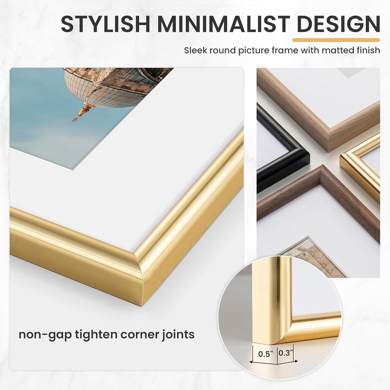 FLYJOE A3 Picture Frame, Display Pictures 8x11.3 with Mat or 11.7 x 16.5 Without Mat, Wall and Tabletop Display Photo Frame, Gold, 3 Pack - Image 3