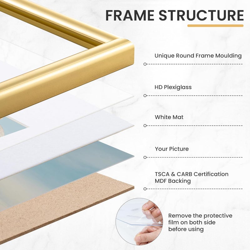 FLYJOE A3 Picture Frame, Display Pictures 8x11.3 with Mat or 11.7 x 16.5 Without Mat, Wall and Tabletop Display Photo Frame, Gold, 3 Pack - Image 2