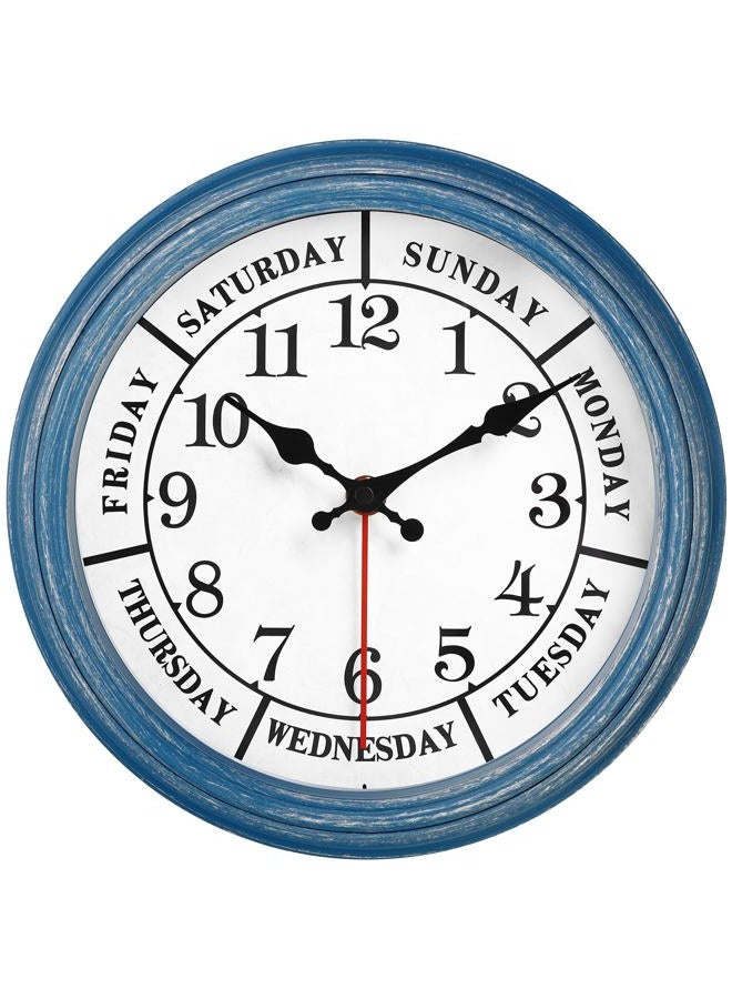 JENLYSTIME 12 Inch Retro Wall Clock,Classic Day of The Week Wall Clock,Silent Non Ticking Battery Operated Movement(Blue) - Image 1