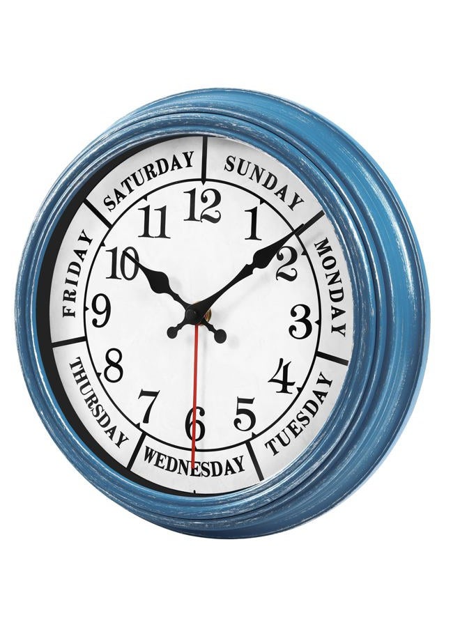 JENLYSTIME 12 Inch Retro Wall Clock,Classic Day of The Week Wall Clock,Silent Non Ticking Battery Operated Movement(Blue) - Image 2