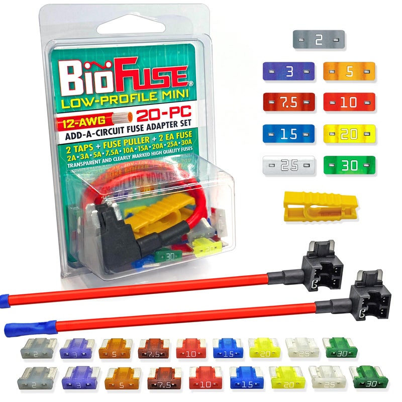 BioFuse 12 AWG Low Profile Mini ATT 20 Piece Automotive Car Fuse Assortment and Holders Set (2 Add-a-Circuit Tap Adapters, 18 LP-Mini Blade Fuses + Fuse Puller) 2A 3A 5A 7.5A 10A 15A 20A 25A 30A - Image 1