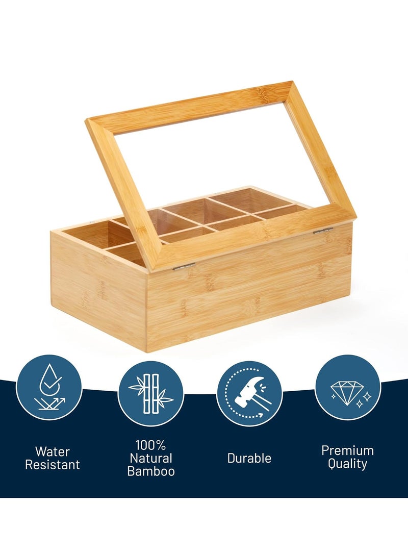 Relex Natural Bamboo Tea Box Storage Organizer, 8 Compartments Tea Bag Holder with Clear Acrylic Top Window, Natural Finish Tea Storage Organizer (Covered 8 Compartments)  - Image 3